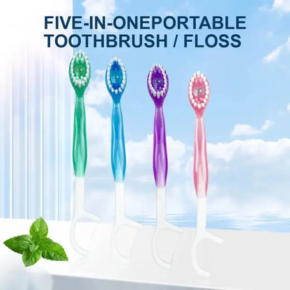 5 in 1 Disposable Mini Toothbrushes with Built-in Toothpaste & Floss Picks