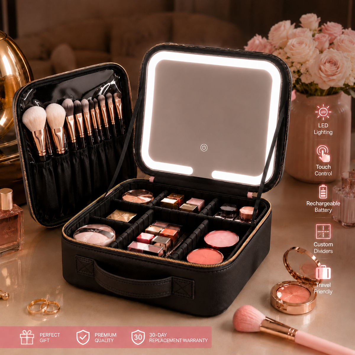 Makeup Organizer Bag with LED Mirror