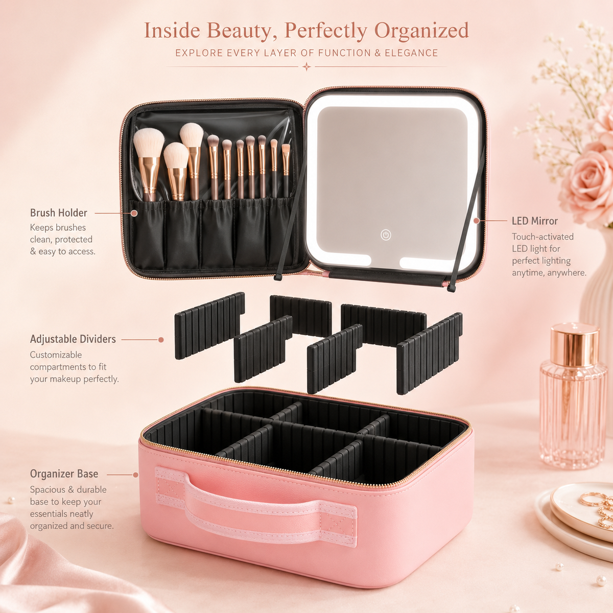 Makeup Organizer Bag with LED Mirror