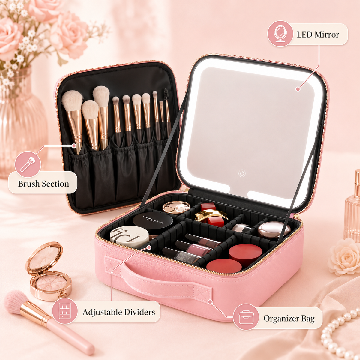 Makeup Organizer Bag with LED Mirror