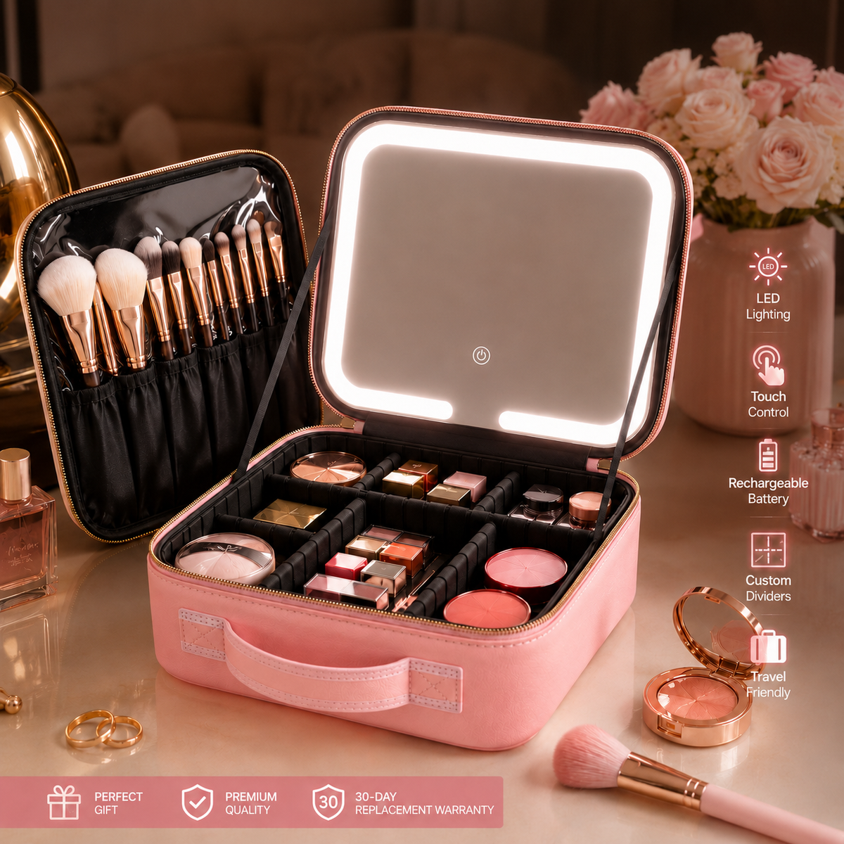 Makeup Organizer Bag with LED Mirror