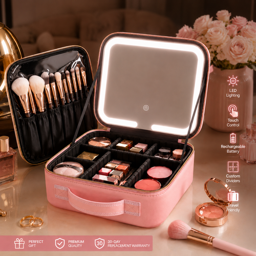 Makeup Organizer Bag with LED Mirror